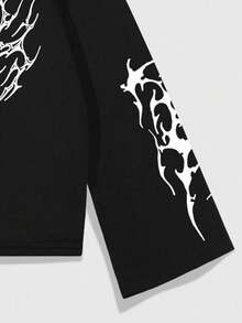 ROMWE MEN Goth Men's Casual Loose Fit Skull Print Round Neck Long Sleeve T-Shirt, Autumn, For Fall - Black - View 3