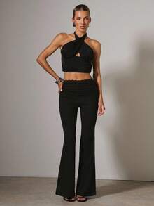 COSMINA Women's Lace Trim Fitted Flare Leg Pants, Black, Elegant, Formal, Versatile - Dark Grey - View 4