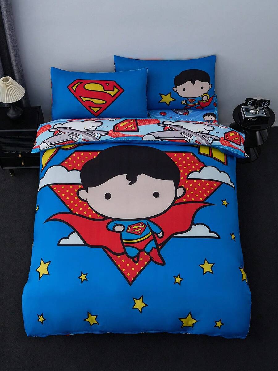 SUPERMAN X SHEIN 1 Stück Tagesdecken-Set, Cartoon-Muster, weicher Stoff, atmungsaktiv und warm, für Betten aller Größen geeignet - Verschiedenfarbig - Übersicht 1