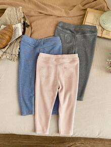 SHEIN LMoss Kids LMoss 少女纯色针织打底裤和紧身休闲套装 3 件套，适合少女 - 黑色 - 查看 4