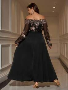 SHEIN Clasi 大码亮片装饰优雅长袖连衣裙 - 黑色 - 查看 8