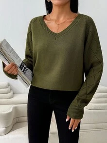 EURMUSE Áo len cổ tròn dệt kim gân cỡ nhỏ thường ngày cho nữ - Màu Khaki - Xem 5