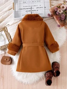 SHEIN Elladie kids Young Girls' Overcoat With Faux Fur Collar, Elegant & Cute, Suitable For Young Girl In Winter Fall - Brown - View 2