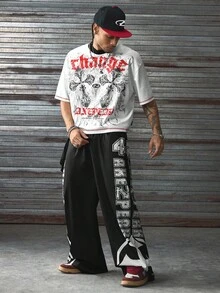 AXEPEAK Casual Street Cross Graffiti Round Neck Loose Short Sleeve T-Shirt And Elastic Drawstring Loose Long Pants, Men 2-Piece Set - Black and White - View 1