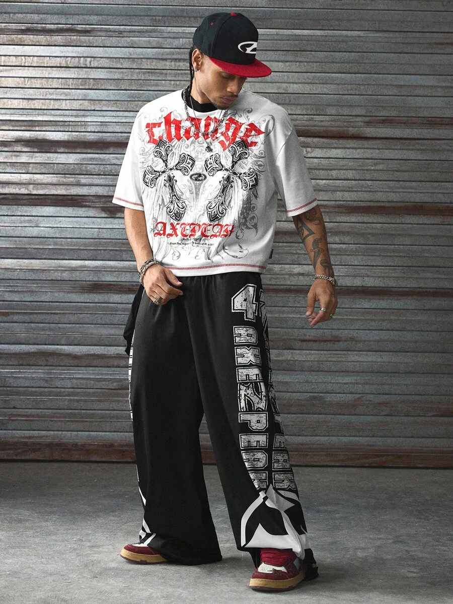 AXEPEAK Casual Street Cross Graffiti Round Neck Loose Short Sleeve T-Shirt And Elastic Drawstring Loose Long Pants, Men 2-Piece Set - Black and White - View 1