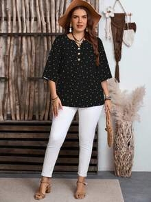 EMERY ROSE Classic Retro Black & White Polka Dot Print Casual Minimalist Plus Size Blouse, Suitable For Autumn Chic Blouse, Fall - Multicolor - View 3