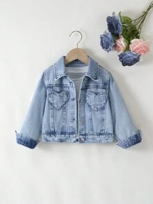 Elladie kids 女童休闲复古浅色水洗牛仔夹克，带心形口袋，面料舒适柔软，时尚日常穿着，年轻女孩外套 - 淺色水洗藍 - 查看 3