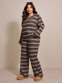 Elaquor Plus Size Casual Striped Crew Neck Long Sleeve Top And Pants 2 Pieces Set, Lounge Sets Plus Size Brown Sets Sets For Women Plus Size Pants Set Spring - Multicolor - View 4