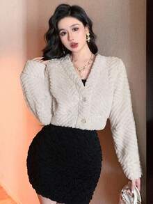DAZY 女士秋冬蓬松夹克，厚实保暖内衬，金属纽扣装饰，宽松休闲优雅常规外套 - 米色 - 查看 7