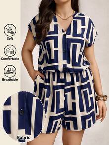 Zelara 加大码夏季海军蓝连体裤，带不对称几何印花，母亲节礼物，女士航海休闲装，沿海航海装，海军蓝连体裤，女士防晒连体裤