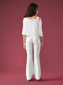 SUMWON 女童露肩学院风数字印花套装喇叭裤时尚休闲街头风日常秋冬两件套 - 淺灰色 - 查看 2