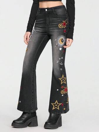 EDITION Women's Halloween Moon & Star Embroidered Mysterious Denim Jeans