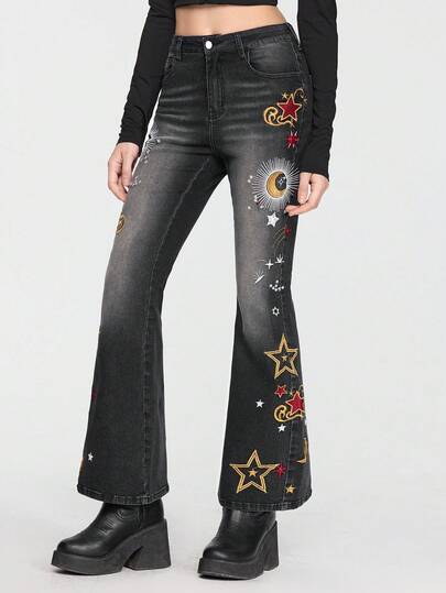 EDITION Jeans en denim mystérieux avec broderie de lune et d'étoiles pour femmes, Halloween