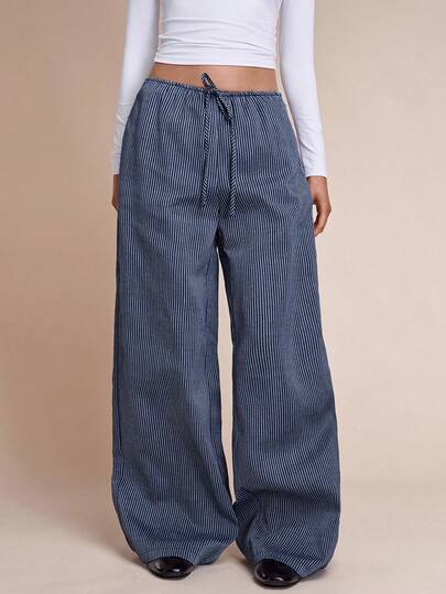 SHEIN BAE 女士秋冬休闲格子印花弹力抽绳宽松裤，格子长裤，慢跑裤，冬季长裤，阔腿裤，格子阔腿裤，女士冬季，感恩节女士，圣诞节女士，舒适秋冬女士