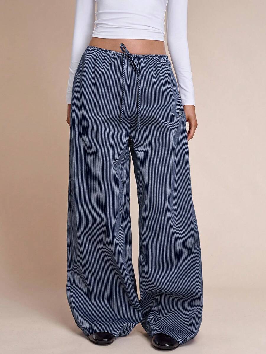 SHEIN BAE 女士秋冬休闲格子印花弹力抽绳宽松裤，格子长裤，慢跑裤，冬季长裤，阔腿裤，格子阔腿裤，女士冬季，感恩节女士，圣诞节女士，舒适秋冬女士 - 藏蓝色 - 查看 1