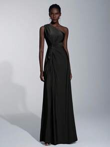 SHEIN Belle Women's Romantic Elegant Green Elastic Knit Fabric One-Shoulder Twist Loose A-Line Bridesmaid Dress