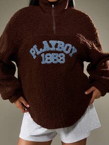 Missguided x Playboy 1953 Half Zip Fleece Sweatshirt Funnel Neck Pullover Vintage Logo Print Oversized Winter Fall Casual - Brown - View 1