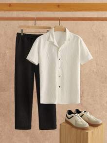 Manfinity NXTstreet 2pcs Men's Casual Mandarin Collar Letter Jacquard Shirt Set, Old Money - Multicolor - View 1