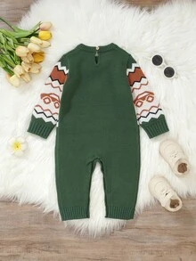 Green Infant/Toddler Boys' Cute Sweater Romper: Round Neck Long Sleeve Fair Isle Car Pattern Jumpsuit Knitted Baby Romper Baby Boy Knitted Romper Fall Baby Boy Outfit Green Baby Boy Romper Baby Boy Sweater Romper Knitted Baby Boy Outfit Winter - Dark Green - View 2