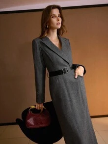 MOTF PREMIUM 女式修身连衣裙，有领，后开衩，秋冬 - 灰色 - 查看 6