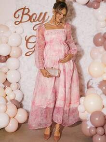 Loomaby Elegant Floral Print Mesh Dress For Pregnant Women, Party Wear Maternity Dress For Baby Shower Pink Floral Maternity Dress Babyshower Dress Pregnancy Photoshoot Dress Maternity Baby Shower Outfit  Dress Gender Reveal Dress Maternity Dress Baby Shower Dress Babyshower Dress Maternity Pink Floral Women Dress Baby Shower Guest Outfit Pregnancy Dress For Photoshoot