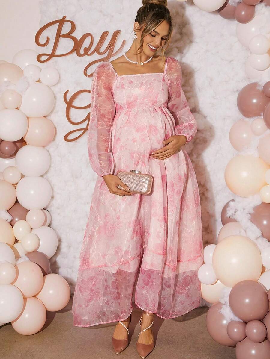 Loomaby Elegant Floral Print Mesh Dress For Pregnant Women, Party Wear Maternity Dress For Baby Shower Pink Floral Maternity Dress Babyshower Dress Pregnancy Photoshoot Dress Maternity Baby Shower Outfit  Dress Gender Reveal Dress Maternity Dress Baby Shower Dress Babyshower Dress Maternity Pink Floral Women Dress Baby Shower Guest Outfit Pregnancy Dress For Photoshoot