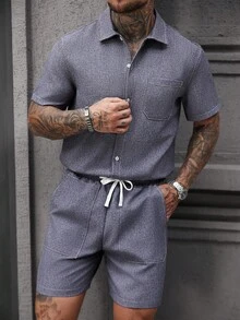Manfinity Homme 2pcs Men's Casual Bicolor Mesh Short Sleeve Shorts Set - Blue - View 7