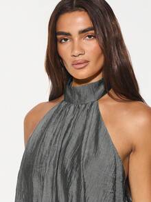 KIZN Halter Neck High Mock Neck Puff Ball Crop Top Textured Pleated Elegant Sleeveless Evening Party Club Summer Fall Fashion Statement Piece - Navy Blue - View 5