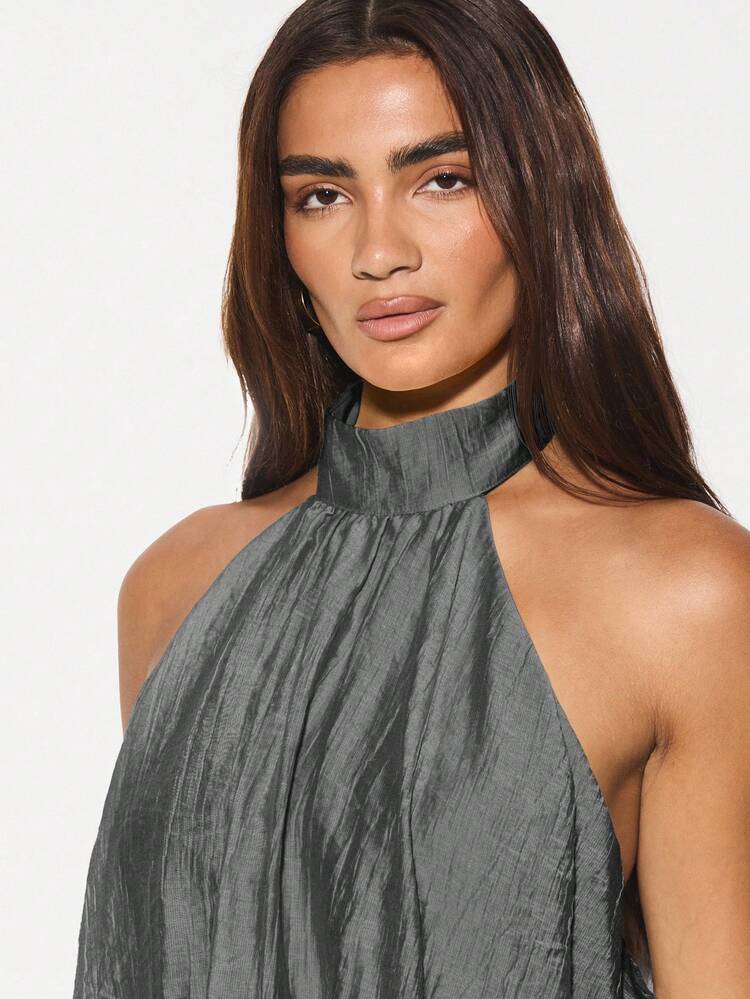 KIZN Pleated High Neck Puff Ball Cropped Halter Top