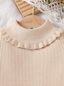 SHEIN Vintaside Kids 小女孩新款纯色针织毛衣 - 幼儿荷叶边高领衫，长袖，时尚内层，秋冬 - 米色 - 查看 3