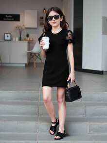 SHEIN Tween Girl 花卉网眼泡泡袖优雅连衣裙