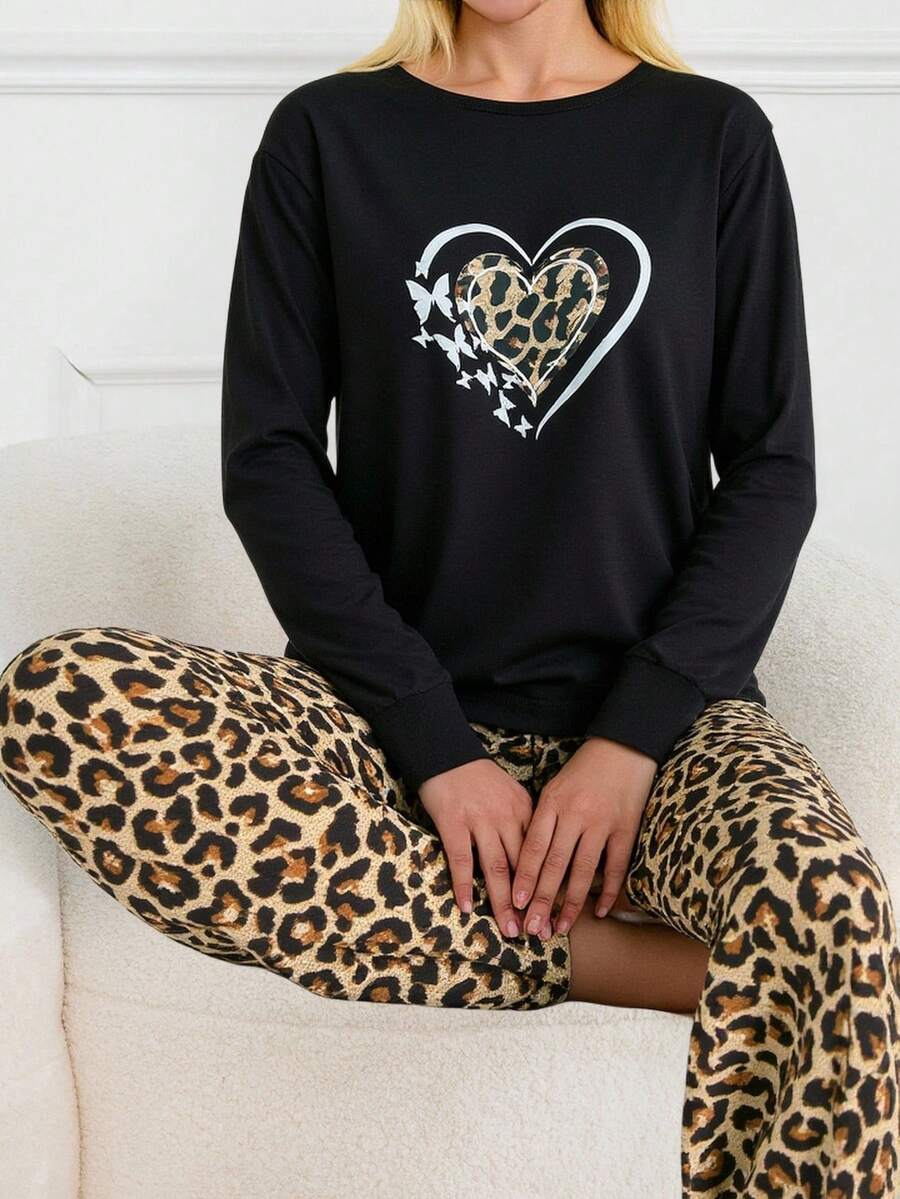 EURMUSE 心形豹纹长袖家居服套装（上衣和裤子） - 彩色 - 查看 1