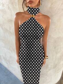 Aloruh 波尔卡圆点图案优雅性感金属扣装饰镂空修身黑色针织弹力女式连衣裙 - 黑色 - 查看 7