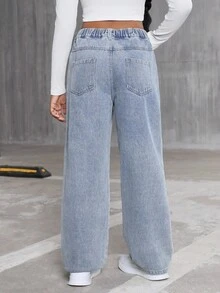 Fashionable Distressed Pearl Embellished Girls Wide Leg Straight Jeans Fall Winter - Light Wash - View 2