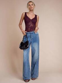 SHEIN BAE Burgundy Maroon Solid Color V-Neck Lace Sleeveless Fashion Vest, Burgundy Vest, Christmas Tops, Party Tops, Going Out Tops, Club Tops, Thanksgiving Tops, New Year Tops, Charming Tops,