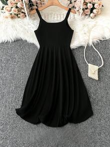 SHEIN Clasi 大尺碼女士純色細肩帶連身裙 - 黑色 - 查看 2