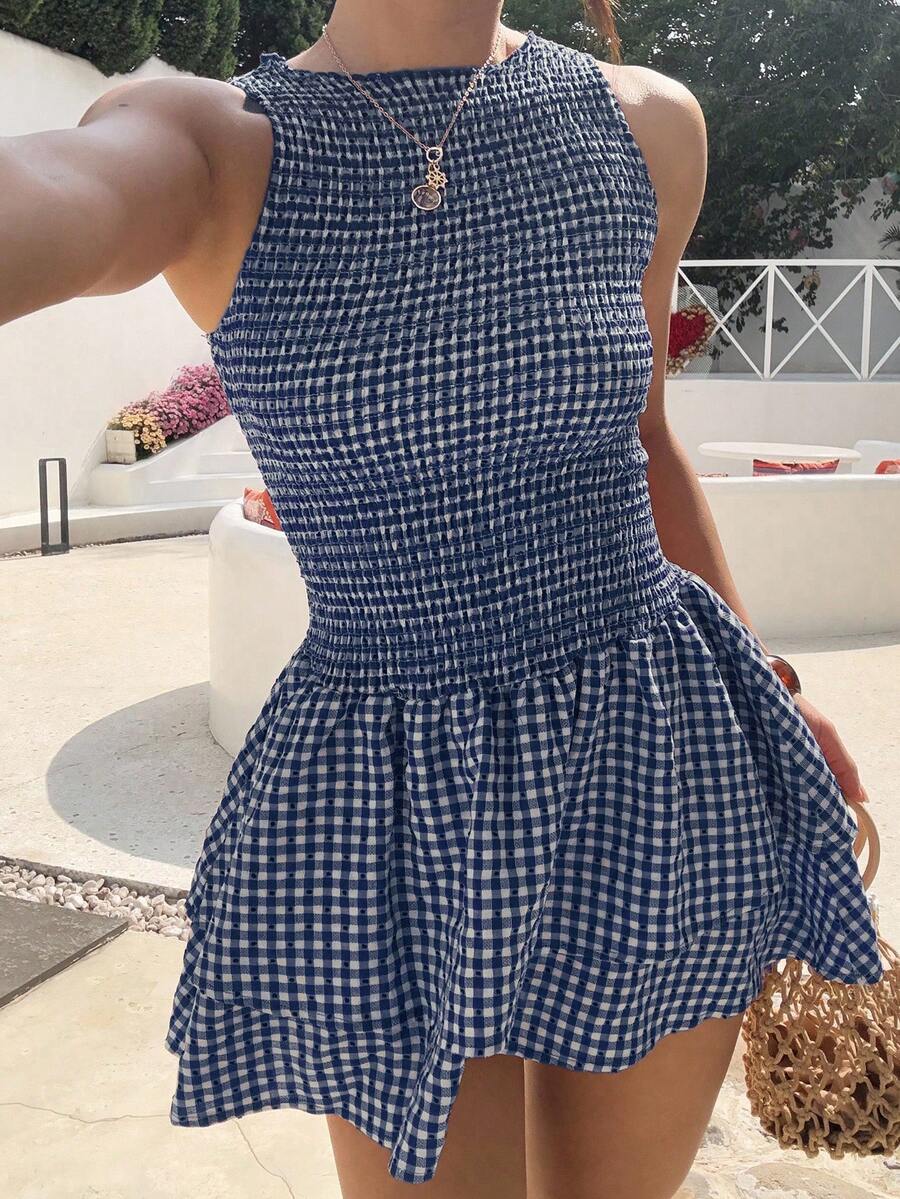 SHEIN Unity Blue Plaid Sleeveless Bodycon Mini Dress, Sweet French Style For Vacation, Spring/Summer - Multicolor - View 1