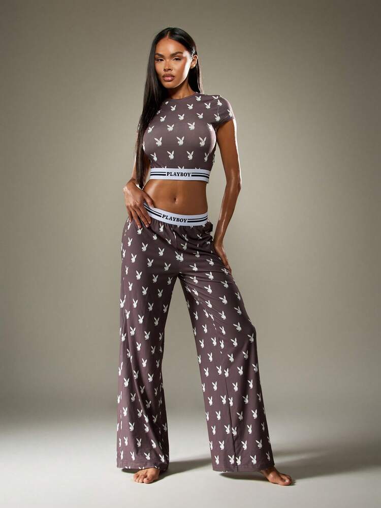 Missguided x Playboy Christmas Flared Pants And Crop Top With Bunny Print Pattern