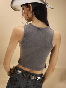 Easelle Washed Gray Collar Rivet Bohemian Style Western All-Match Casual Style Washed Distressed I-Type Top Hit Silver Detail Washing With - Grey - View 2