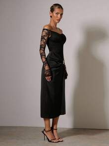 COSMINA Women's Contrast Lace Off Shoulder Long Sleeve Metallic Floral Decor Elegant Mid-Length Dress - Black - View 7