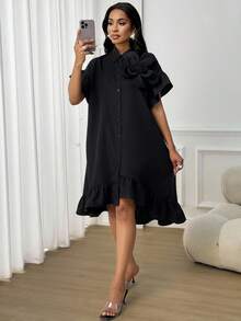 SHEIN Lady Đầm ngắn dáng rộng họa tiết hoa ba chiều màu trơn thanh lịch, thoải mái khi đi làm, dự tiệc cho nữ - màu đen - Xem 5