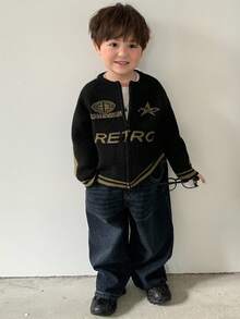 DAZY Toddler Boys' Round Neck Contrast Stripe Casual Long Sleeve Cardigan