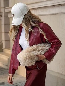 SHEIN Clasi Women's Casual Knitted PU Collar Jacket, Autumn/Winter - Burgundy - View 7