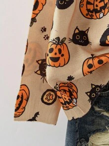 SHEIN LUNE Plus Size Women Colorful Pumpkin Pattern Casual Loose Knit Cardigan Fall Winter Cloth For Women Autumn Halloween - Orange - View 4