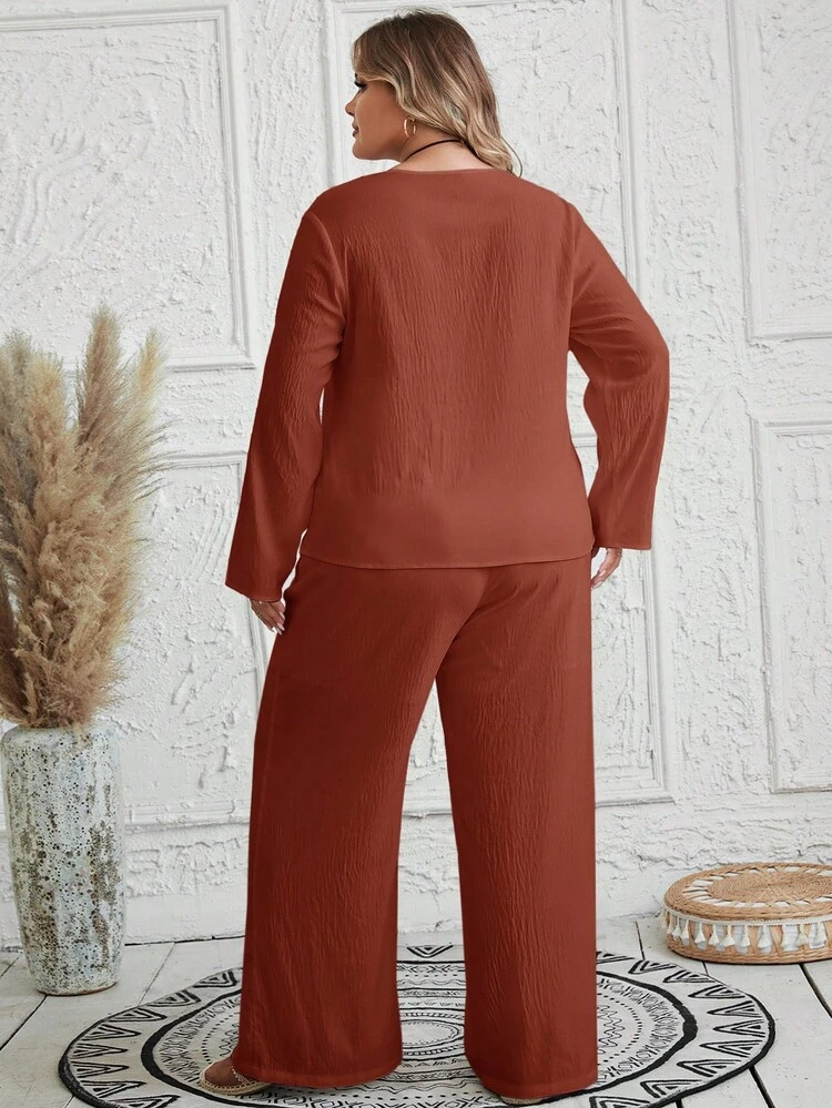 Women's SPring White Textured Round Neck Single Breasted Decor Long Sleeve And Pants Plus Size Two Pieces Set