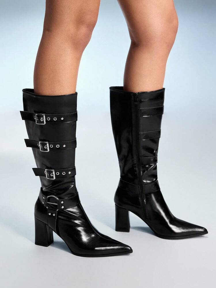 CUCCOO GRLICON Women's Pointed Toe Chunky Heel Knee-High Boots With Side Zipper And Buckle Decor, Y2K Fashion , Suitable For Halloween, Christmas, Shark Boots, Black, Autumn