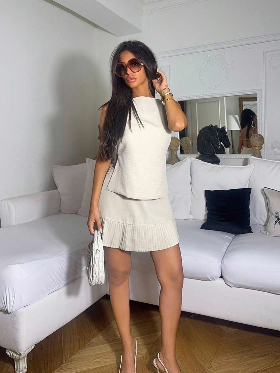 Ronhire Conjunto de top de tirantes sin mangas con espalda descubierta y falda mini plisada de lino caqui para mujer, romántico y elegante, ideal para vacaciones, citas, fiestas, graduación, invitada de boda y playa. Conjunto de dos piezas de verano para mujer, atuendo de dos piezas para uso diario, ropa de verano - Albaricoque - Ver 1