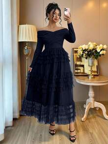 Elenzga 定制蛋糕网眼拼接露肩大码女装、生日礼服、露肩、派对、优雅、正式女装、晚礼服、婚礼女装、复活节女装、浪漫礼服、毕业礼服、婚礼宾客礼服 - 寶藍色 - 查看 5