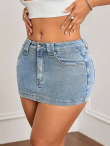 SHEIN ICON 大码女式 Y2K 时尚休闲百搭弹力迷你裙 - 淺色水洗藍 - 查看 6