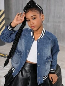 Tween Girls Vintage Washed Loose Casual Baseball Jacket
